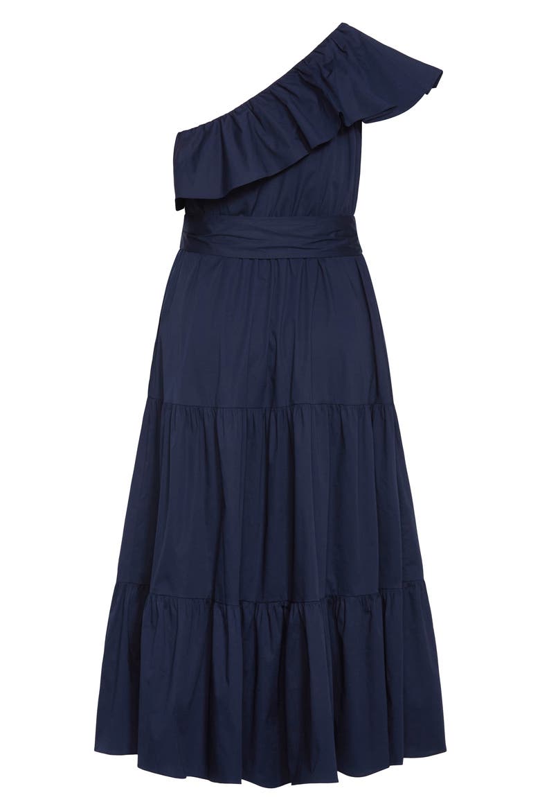 Kiama Ruffle One-Shoulder Tie Belt Tiered Stretch Cotton Dress, Alternate, color, NAVY