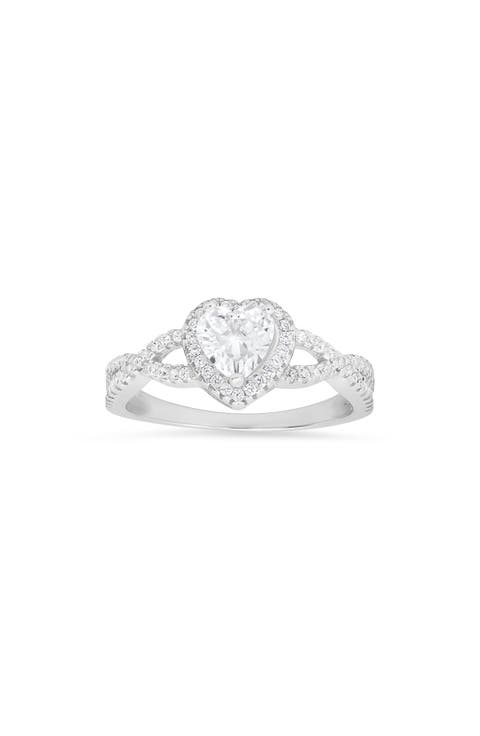 Sterling Silver Heart Halo CZ Ring - Size 8
