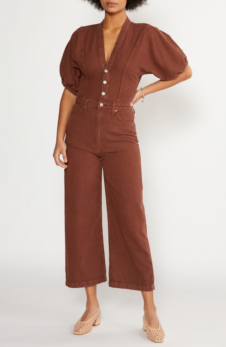 ÉTICA Celeste Puff Sleeve Wide Leg Denim Jumpsuit, Alternate, color, 