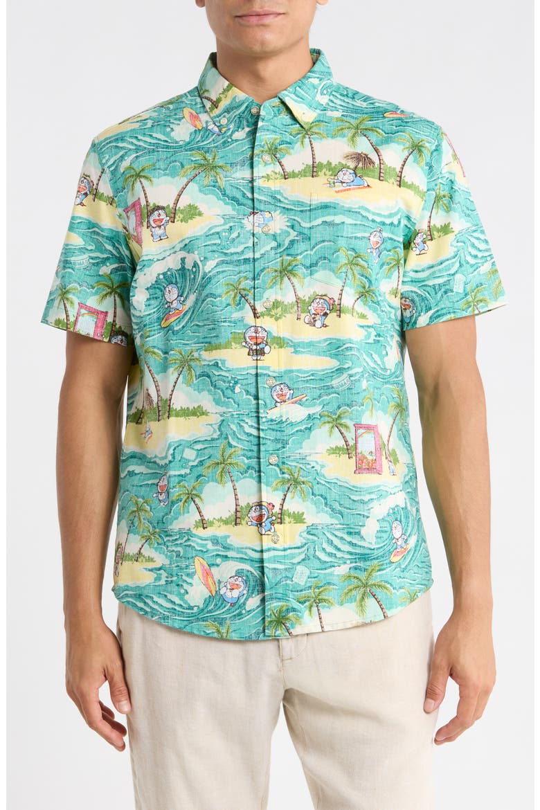 Aloha Doraemon Button-Down Shirt, Main, color, TEAL