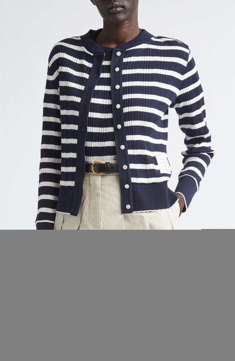 Thom Browne Stripe Scallop Edge Cotton Rib Cardigan, Main, color, Navy/ White