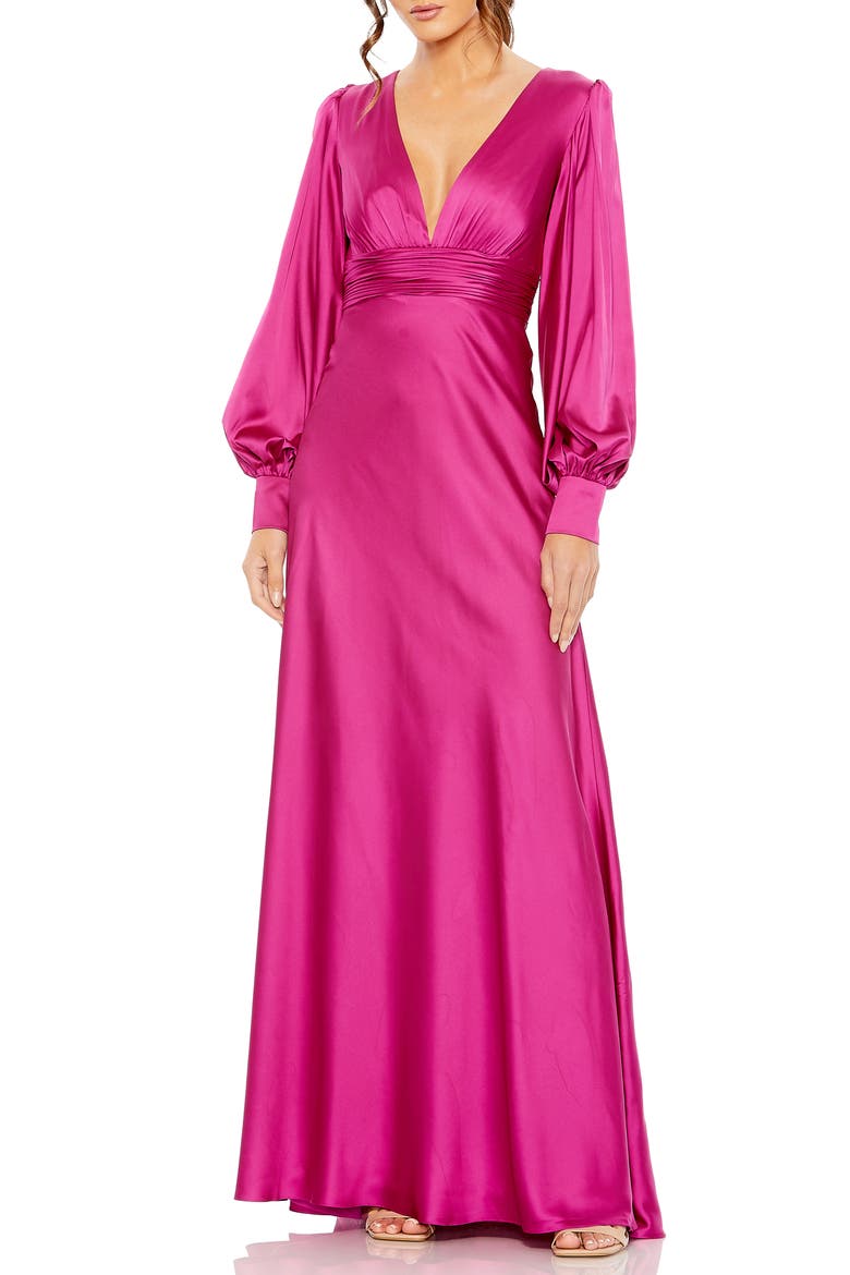Charmeuse Bishop Sleeve V Neck Gown, Main, color, MAGENTA