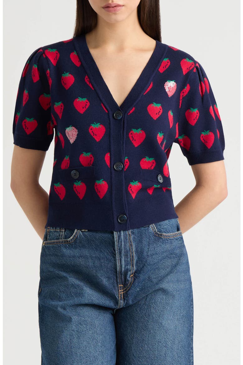 Mushroom Jacquard Cardigan, Main, color, NAVY STRAWBERRY