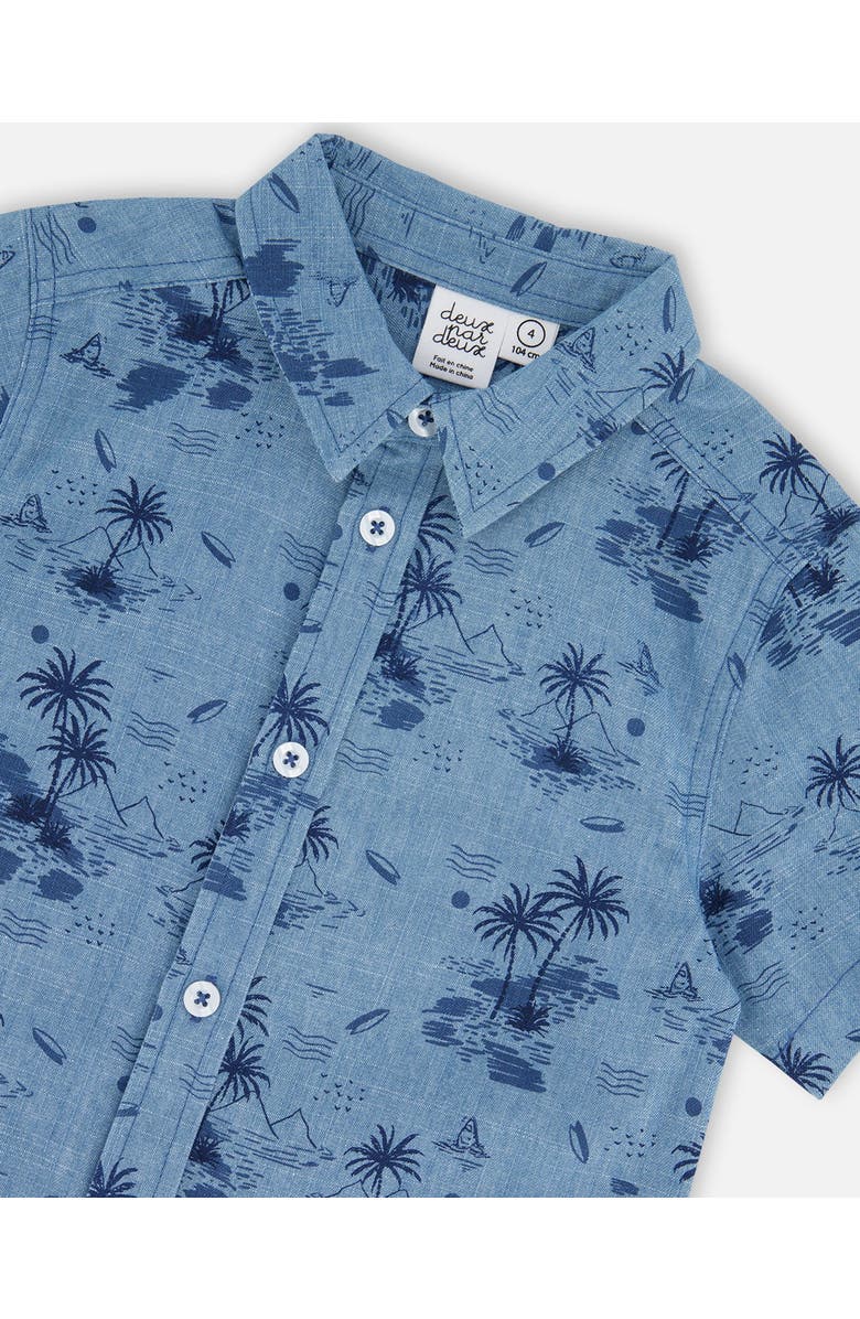Deux par Deux Boy's Printed Chambray Short Sleeve Shirt Pale Blue And Navy, Alternate, color, Pale Blue And Navy