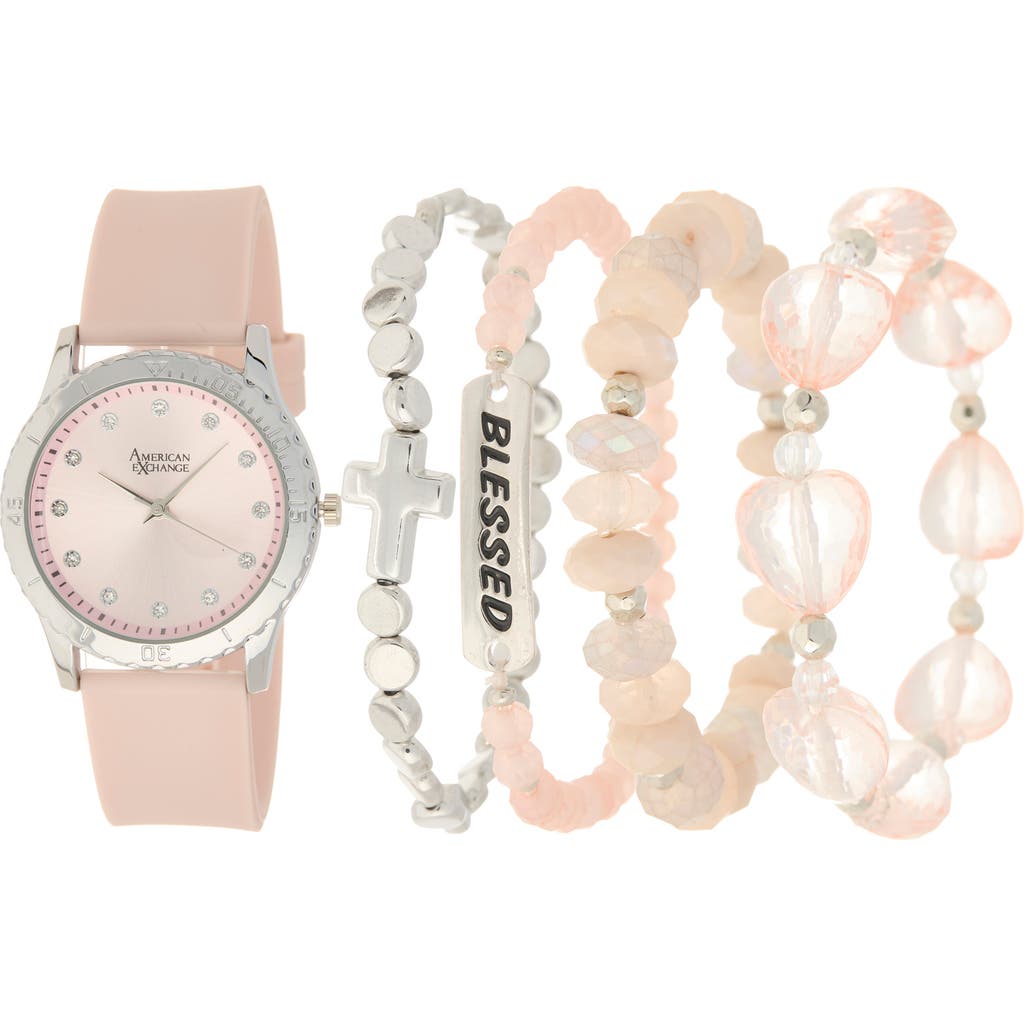 American Exchange Silicone Strap Watch & Assorted Bracelets Set, 38mm In Pink