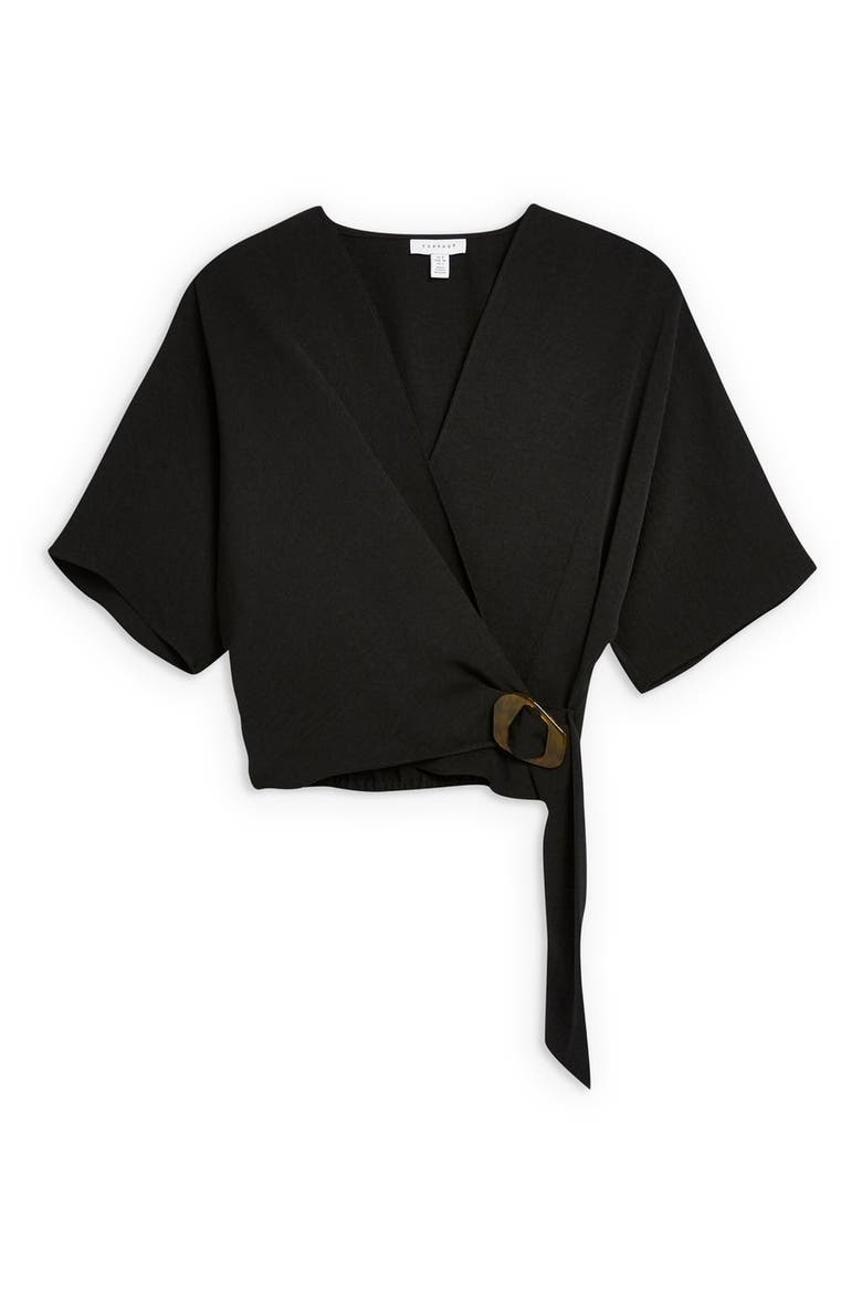Buckle Wrap Top, Alternate, color, BLACK