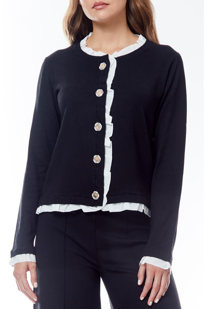 Sylvia Ruffle Trim Cardigan, Main, color, BLACK/ WHITE