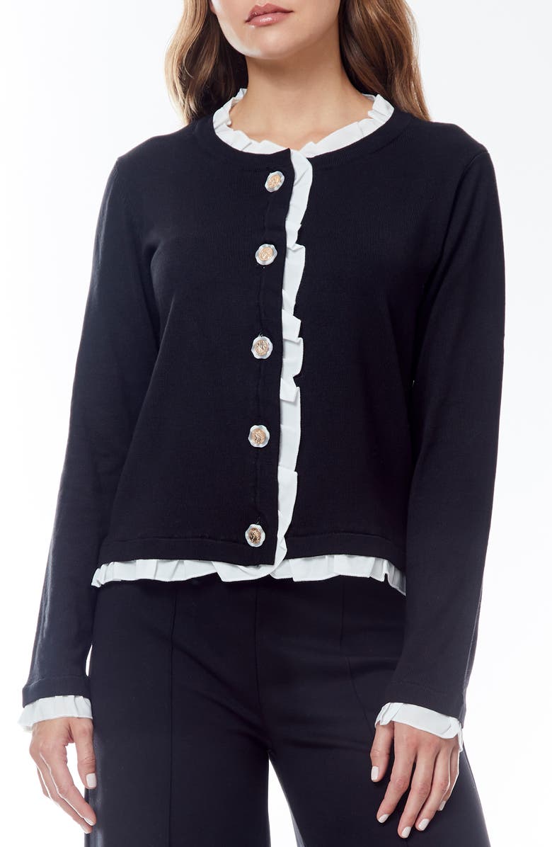 BY DESIGN Sylvia Ruffle Trim Cardigan, Main, color, Black/ White