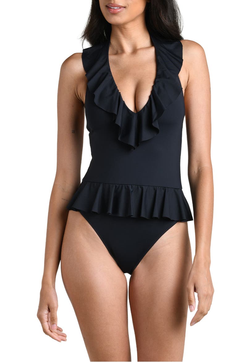 Island Goddess Halter One-Piece Swimsuit, Main, color, BLACK