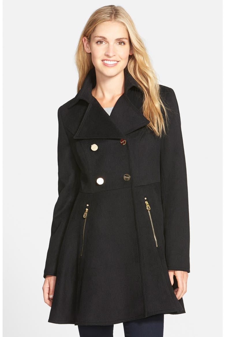 Laundry by Shelli Segal Double Breasted Fit & Flare Coat, Main, color, BLACK