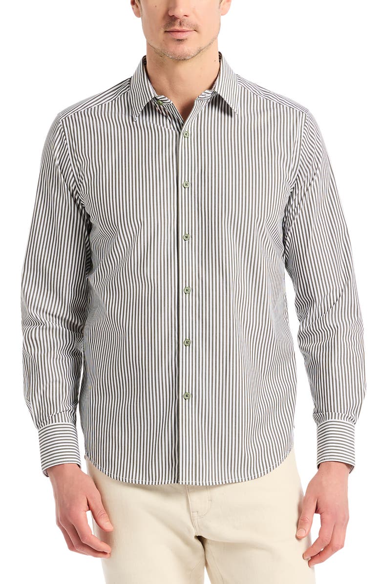 Robert Graham Greenwich Pinstripe Stretch Cotton Button-Up Shirt, Main, color, Olive
