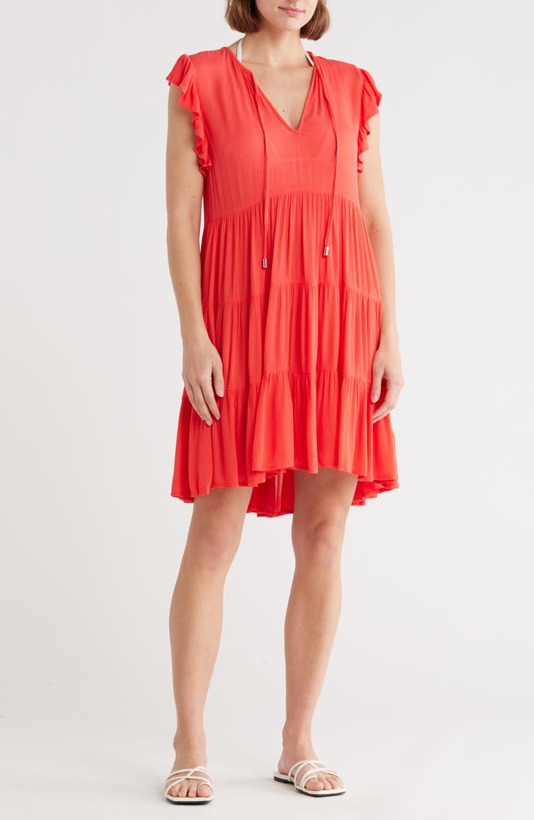 Elan Ruffle Cap Sleeve Tiered Cover-Up Dress, Main, color, Red Coral