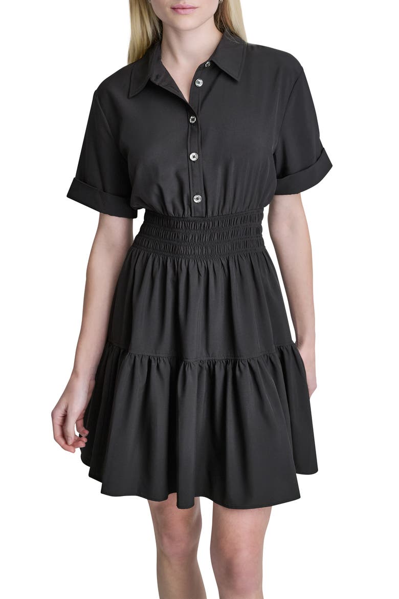 Smocked Waist Short Sleeve Dress, Alternate, color, BLACK