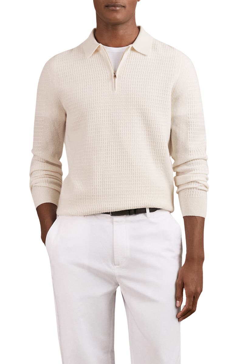 Reiss Hamilton Textured Long Sleeve Wool Quarter Zip Polo, Main, color, Off White