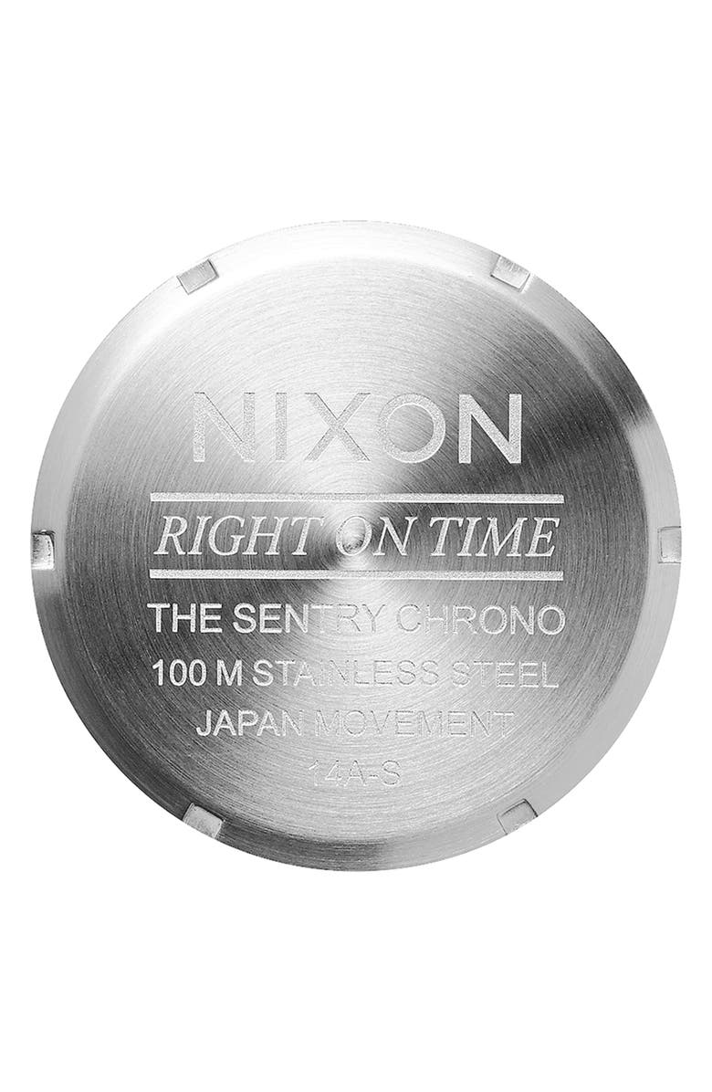 Nixon Sentry Chronograph Leather Strap Watch, 42mm, Alternate, color, Chrome / Cloud Sunray / Black
