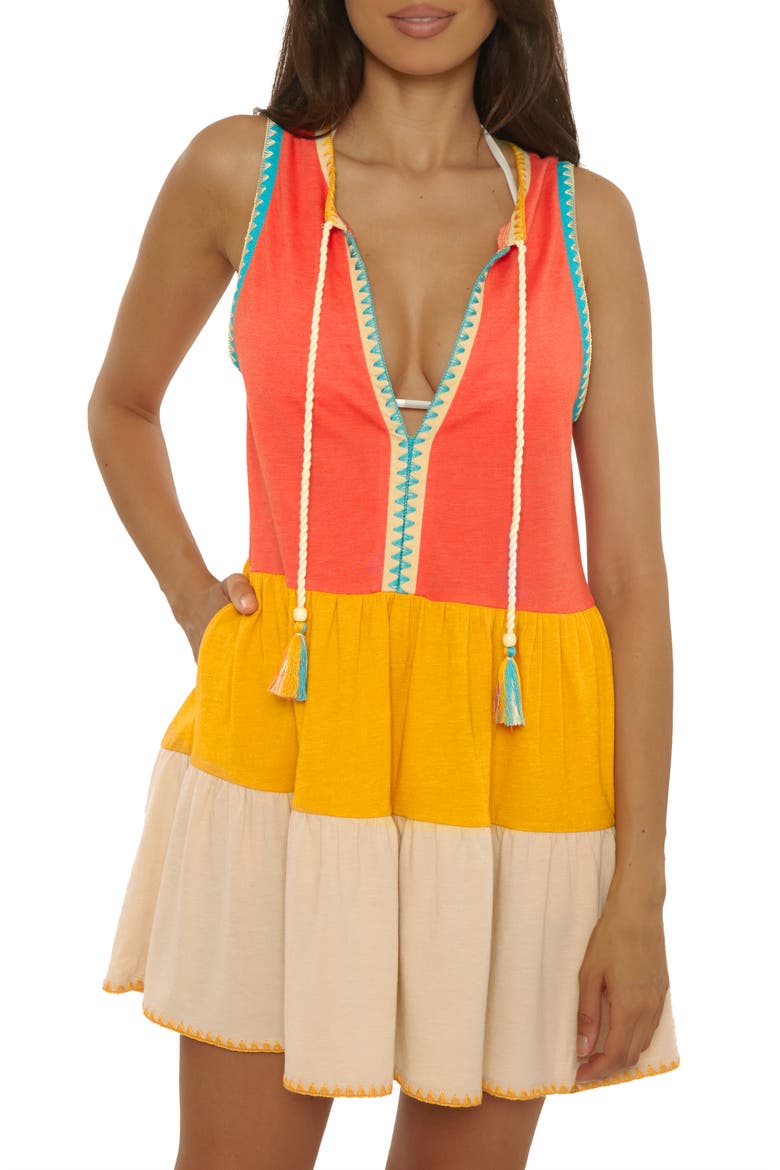 Lagos Embroidered Colorblock Cover-Up Minidress, Main, color, SCARLET