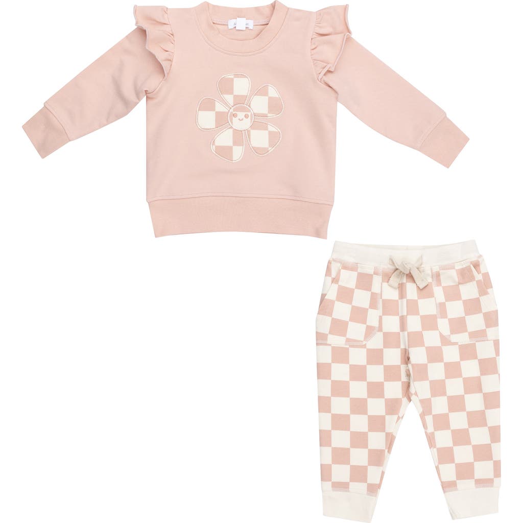 Angel Dear Checkerboard French Terry Ruffle Sweatshirt & Joggers Set In Pink