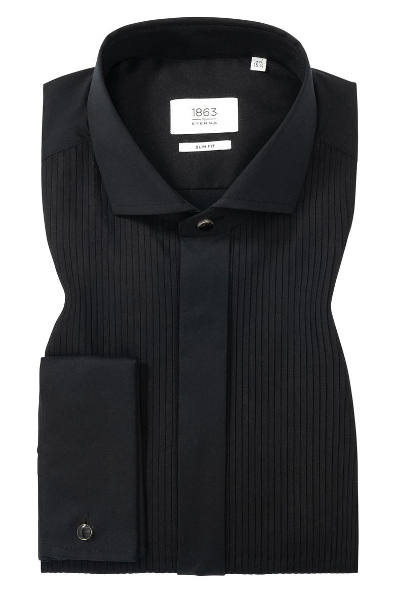 Slim Fit Black Pleated Bib Non-Iron Cotton Tuxedo Shirt, Alternate, color, BLACK