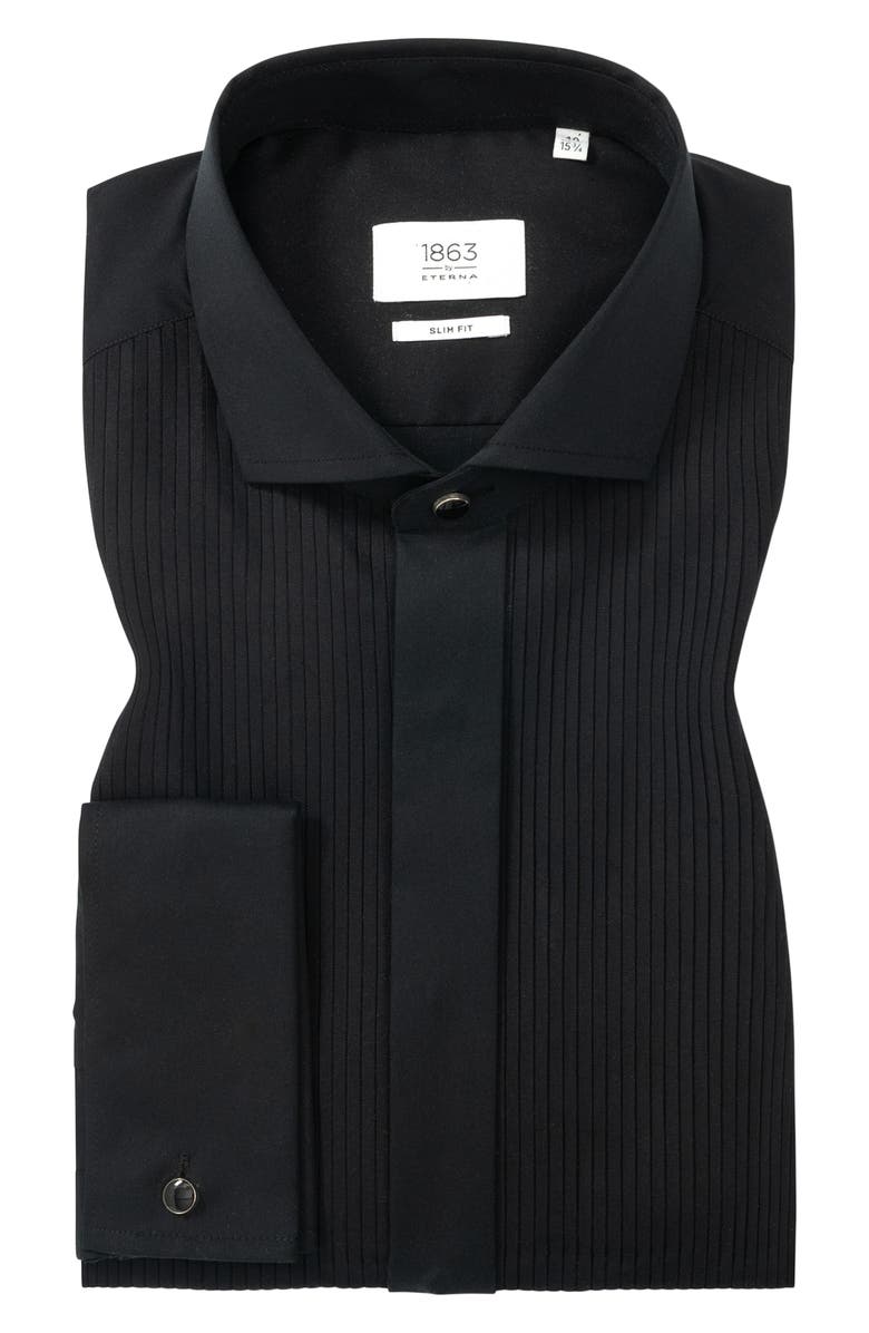 1863 by Eterna Slim Fit Black Pleated Bib Non-Iron Cotton Tuxedo Shirt, Alternate, color, Black