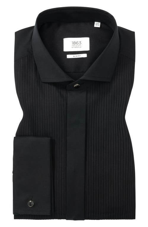 1863 By Eterna Slim Fit Black Pleated Bib Non-iron Cotton Tuxedo Shirt In Black
