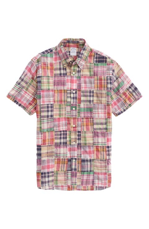 Regent Fit Plaid Patchwork Short Sleeve Madras Button-Down Shirt