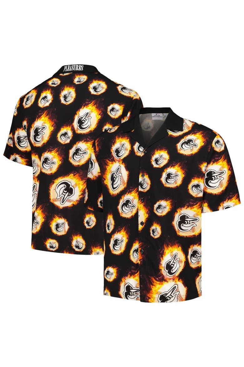Men's PLEASURES  Black Baltimore Orioles Flame Fireball Button-Up Shirt, Alternate, color, Black