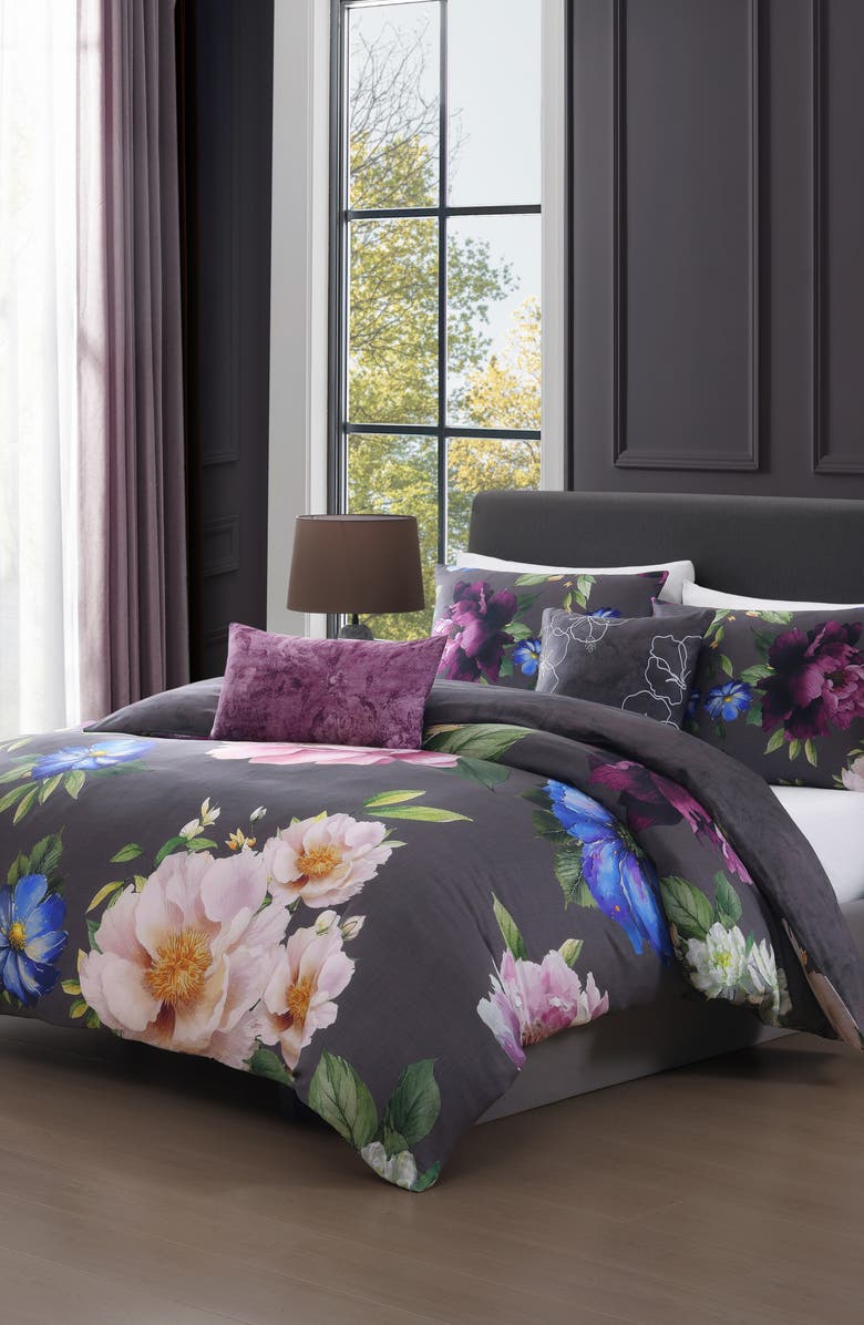 Bebejan Elegant Blossoms 5-Piece Reversible Comforter Set, Main, color, Grey