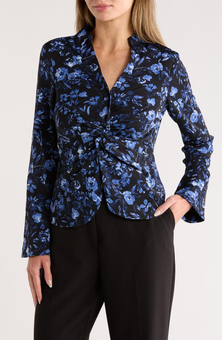 Nicole Miller Floral Long Sleeve Twisted Front Top, Main, color, Black Print