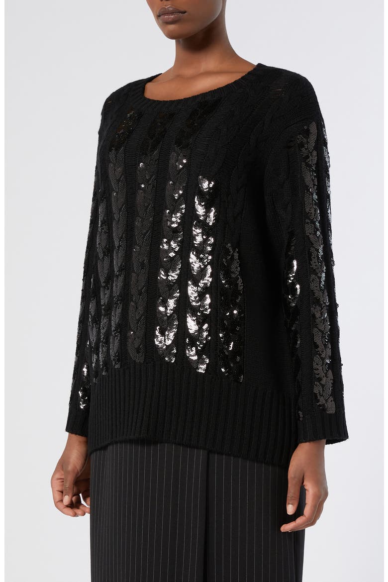 Zac Sequin Cable Stitch Virgin Wool Blend Sweater, Main, color, BLACK