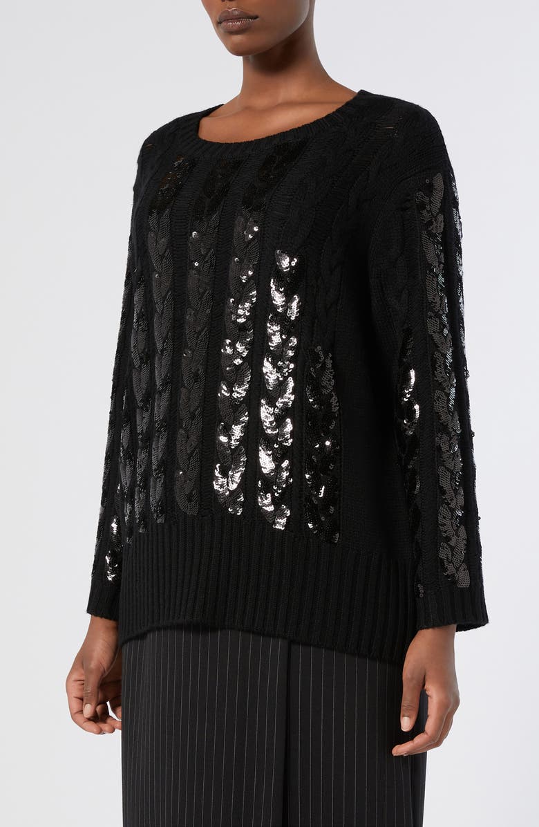 Marina Rinaldi Zac Sequin Cable Stitch Virgin Wool Blend Sweater, Main, color, Black