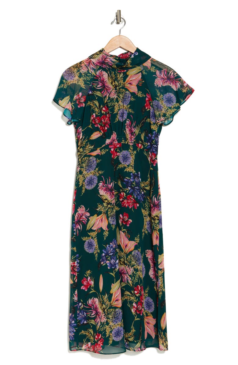 Vince Camuto Floral Short Sleeve Chiffon Midi Dress, Alternate, color, Hunter