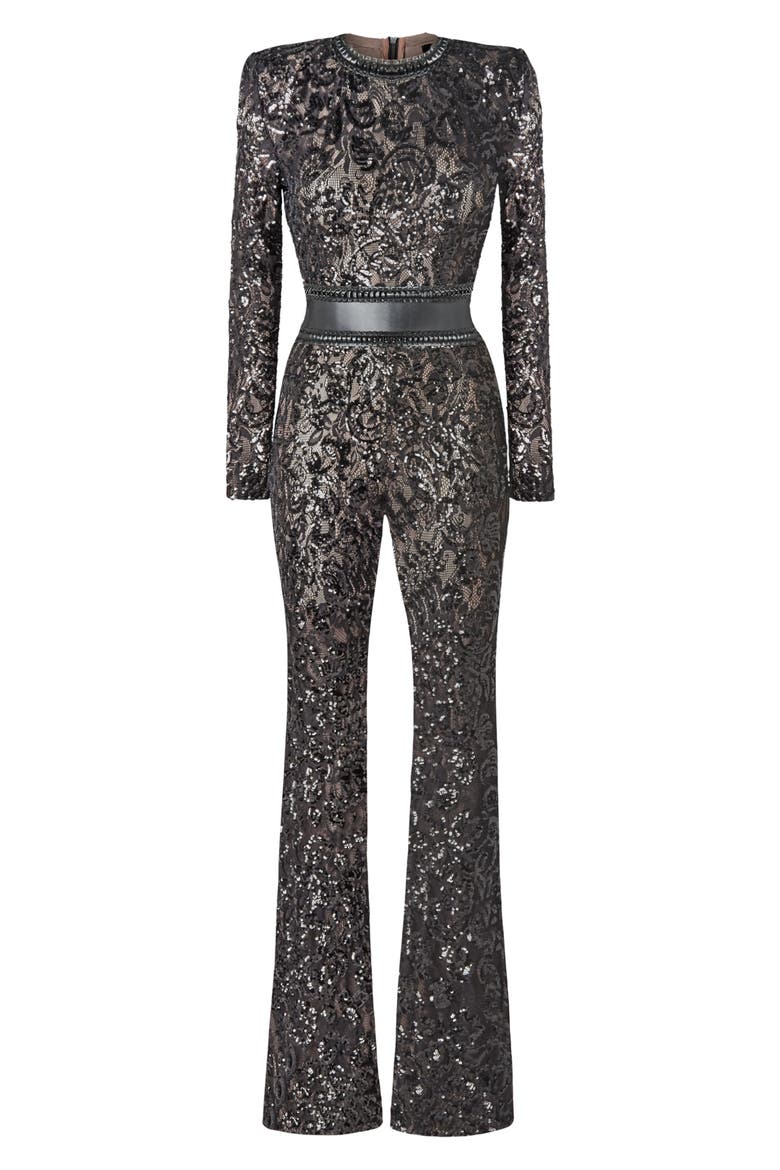 Bella Long Sleeve Beaded Lace Jumpsuit, Alternate, color, BLACK
