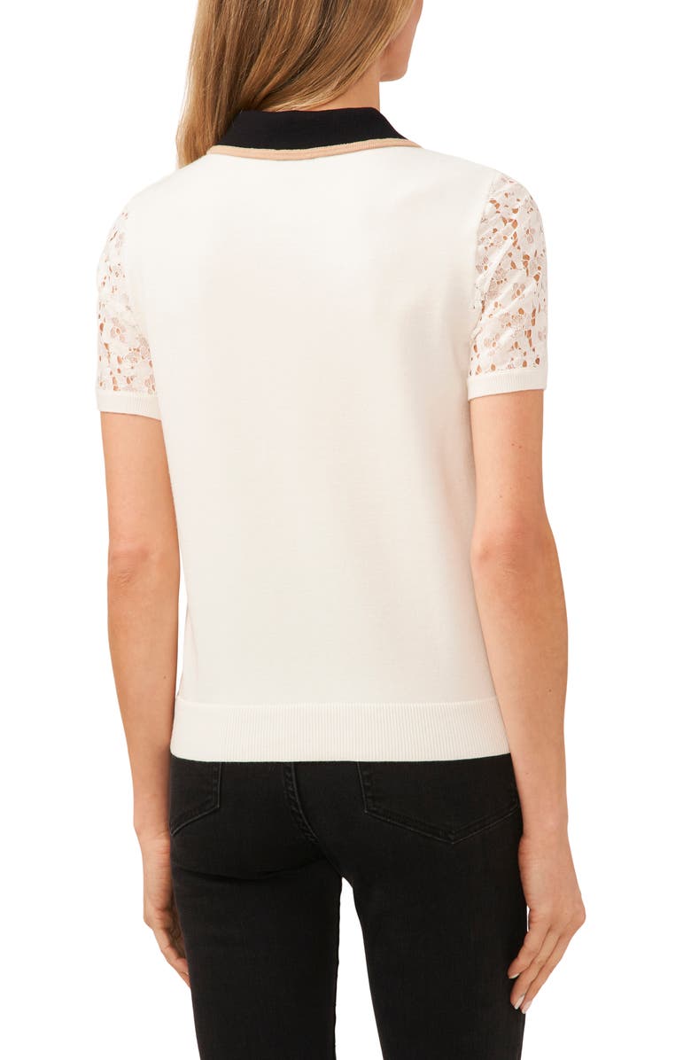 CeCe Lace Sleeve Polo Sweater, Alternate, color, Antique White