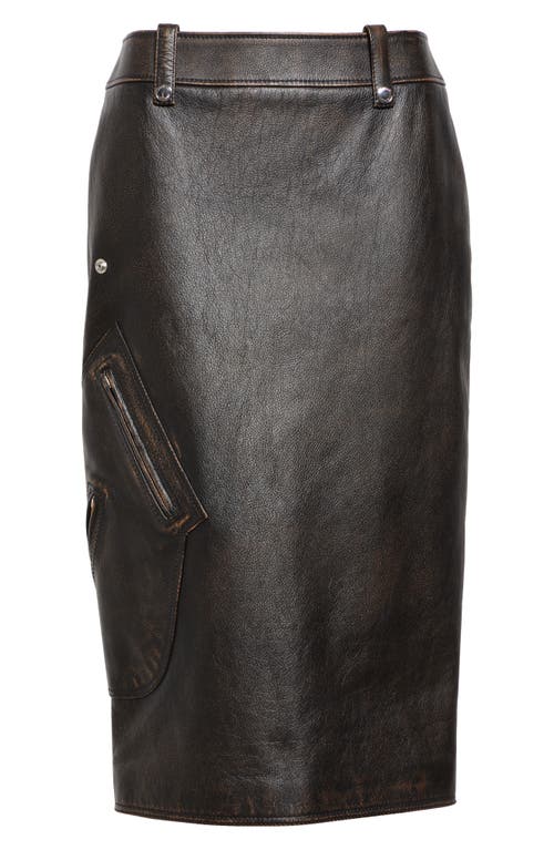 Shop Alexander Mcqueen Mcqueen Antiqued Leather Pencil Skirt In Dark Brown/tan