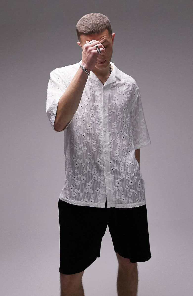 Topman Floral Embroidered Short Sleeve Button-Up Shirt, Main, color, 