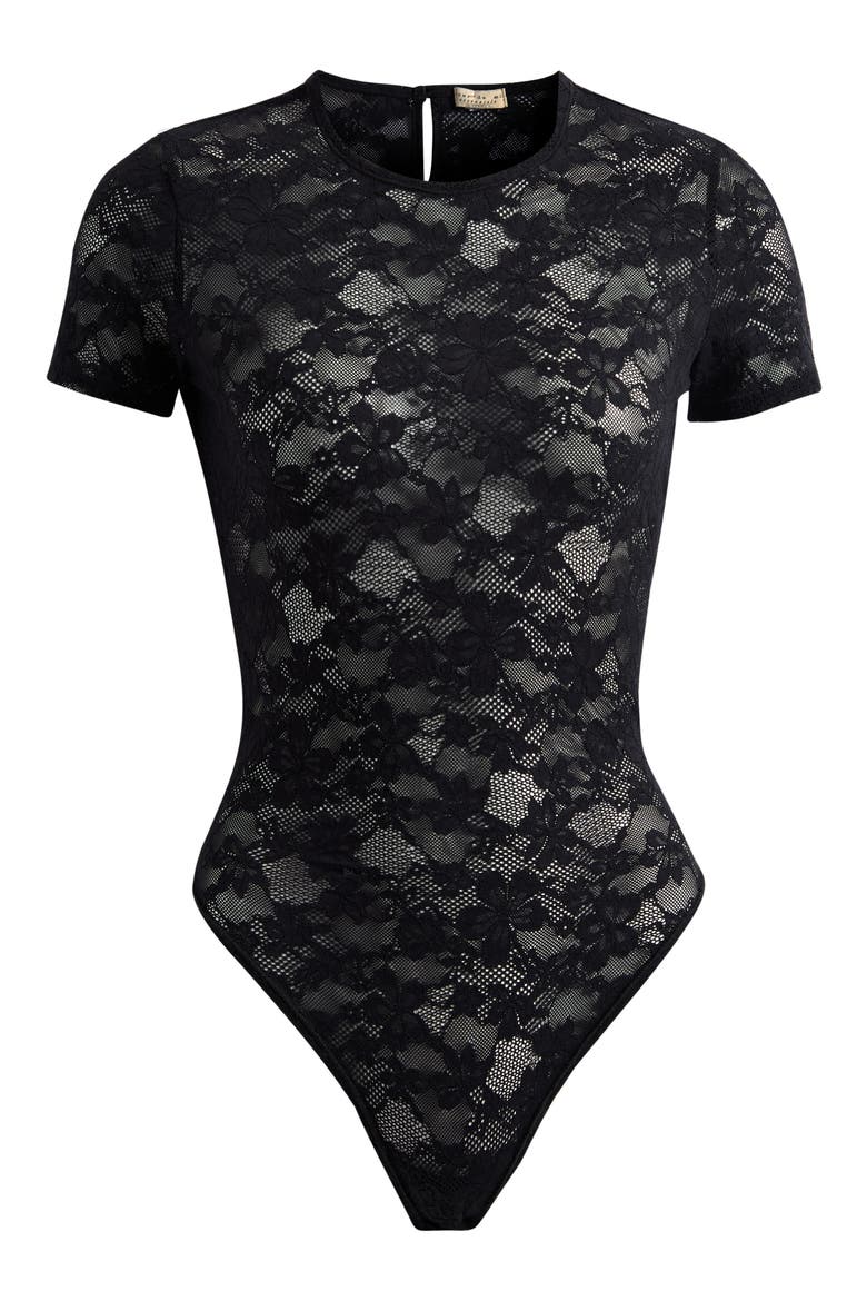 Le Stretch Lace Short Sleeve Bodysuit, Main, color, BLACK