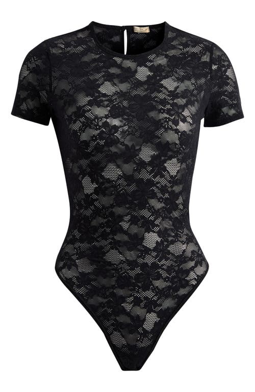 Fleur Du Mal Le Stretch Lace Short Sleeve Bodysuit In Black
