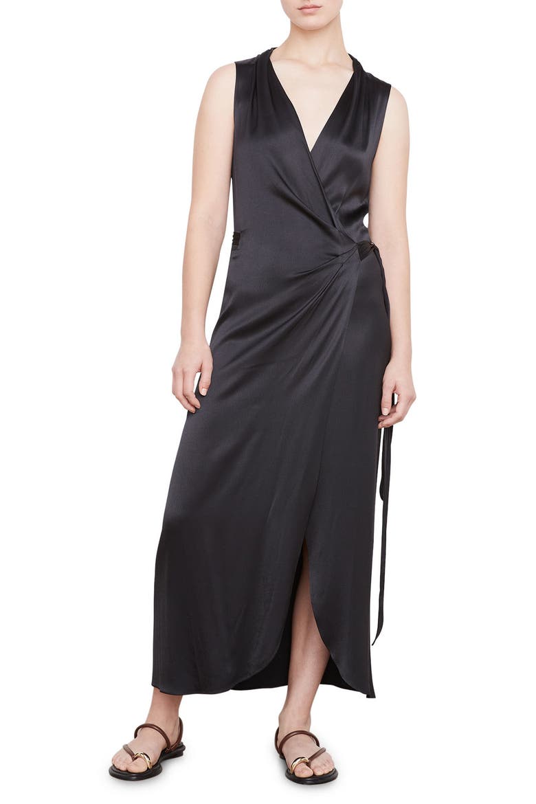 Sleeveless Satin Wrap Dress, Main, color, BLACK