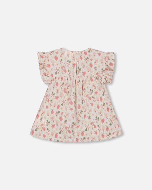 DEUX PAR DEUX DEUX PAR DEUX GIRL'S PRINTED SEERSUCKER BLOUSE WITH FRILLS PINK FLOWERS ON CREAM BACKGROUND 