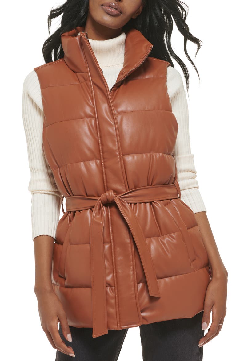 361™ Belted Water Resistant Faux Leather Puffer Vest, Main, color, CAMEL