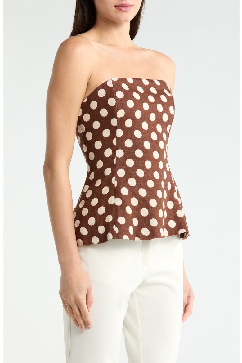 Petro Polka Dot Strapless Linen Peplum Top, Alternate, color, CIOCCOLATO DOT