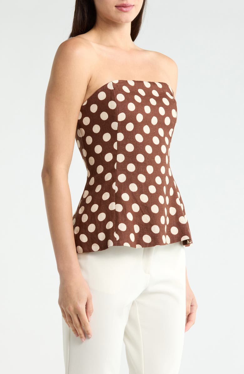 Faithfull the Brand Petro Polka Dot Strapless Linen Peplum Top, Alternate, color, Cioccolato Dot