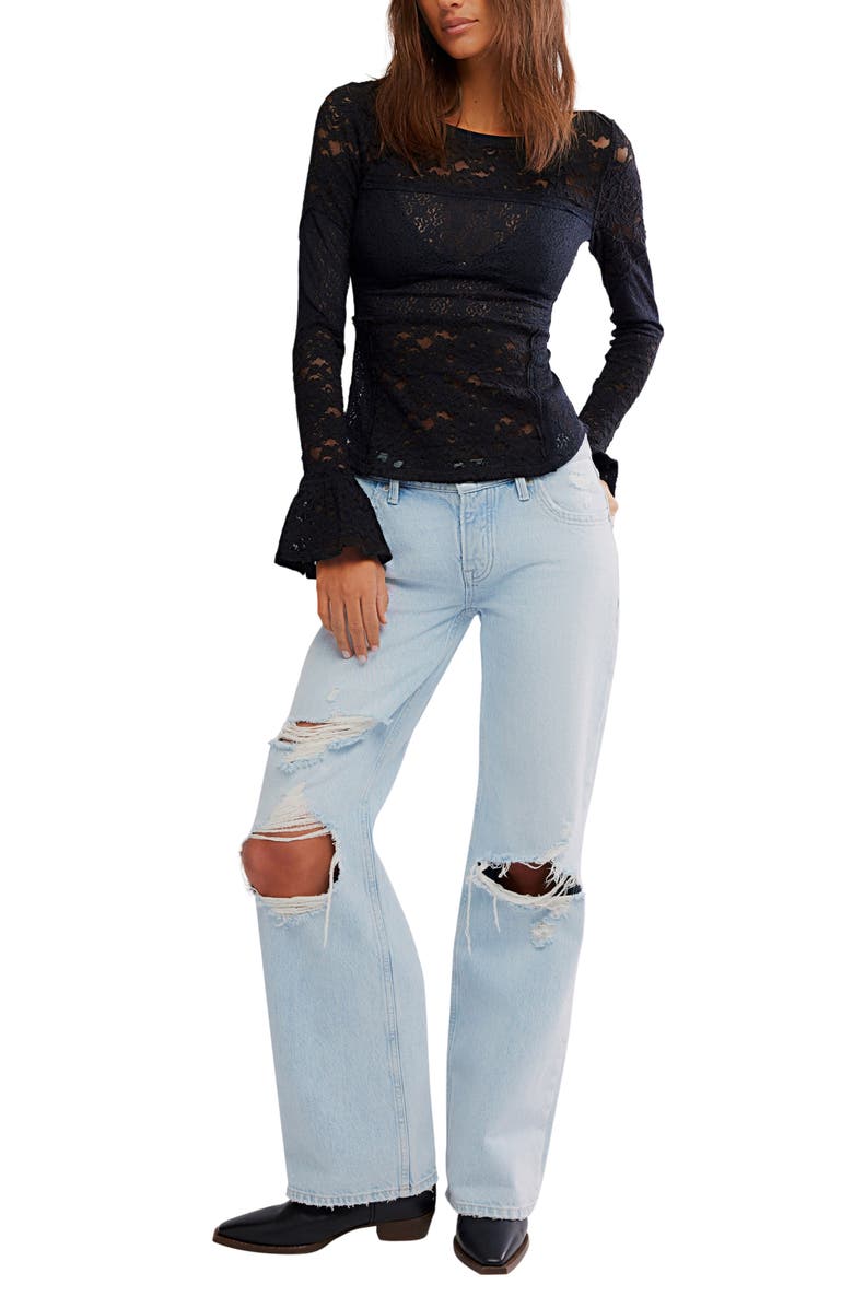 Free People Bell Sleeve Sheer Cotton Blend Lace Top, Alternate, color, Black