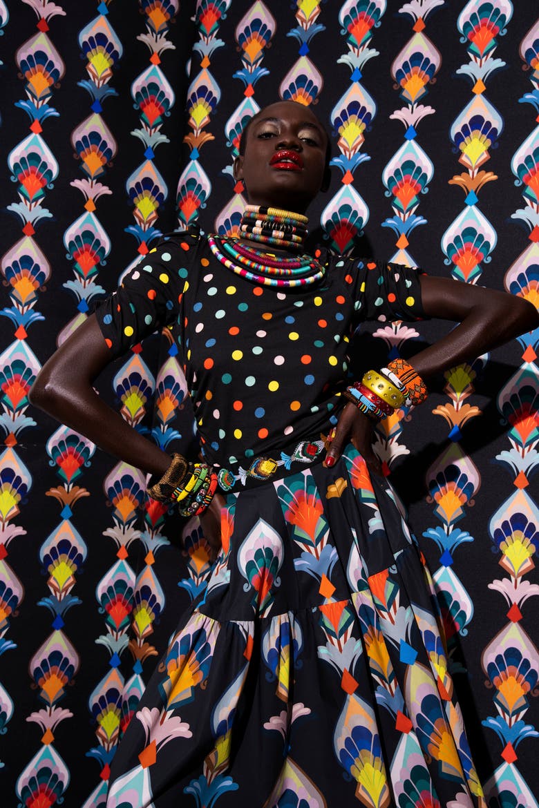 Printed Jersey Shirt With Ruffled Sleeves, Alternate, color, Black Multicolour