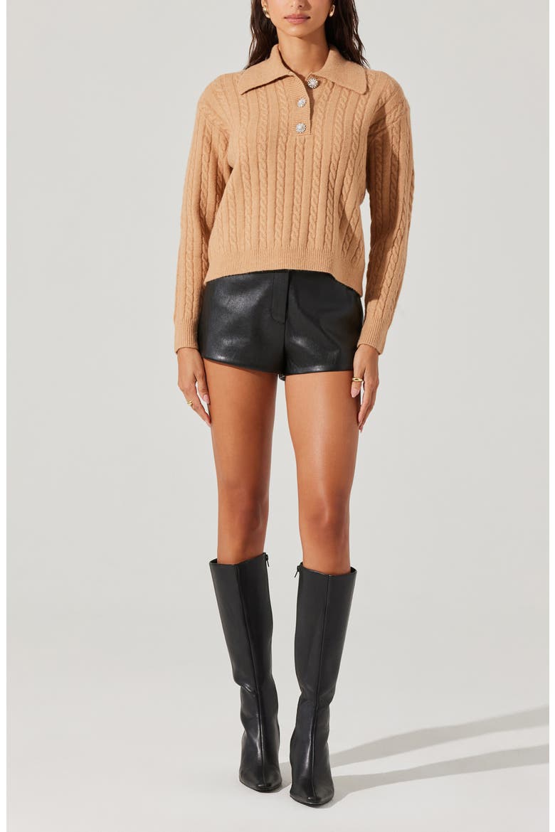 Jewel Button Cable Polo Sweater, Alternate, color, BISCOFF