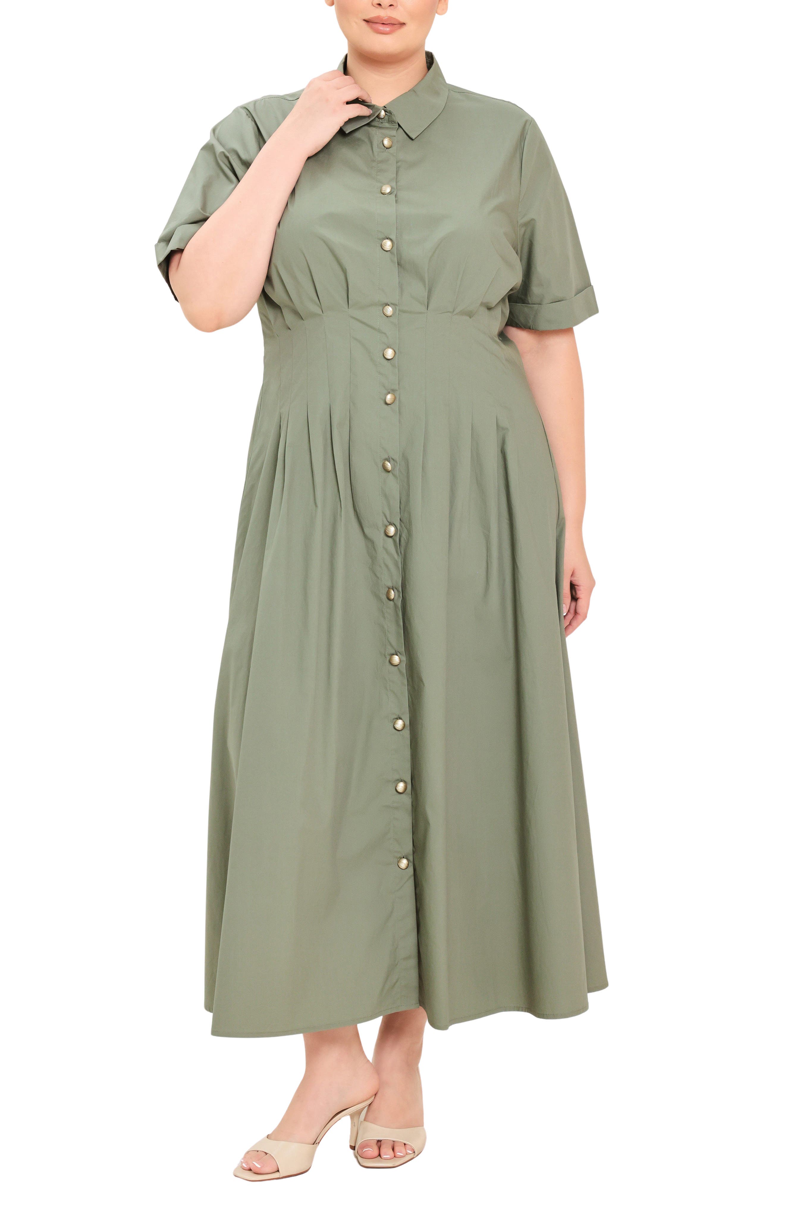 Freemarket Button Down Midi Dress In Olive