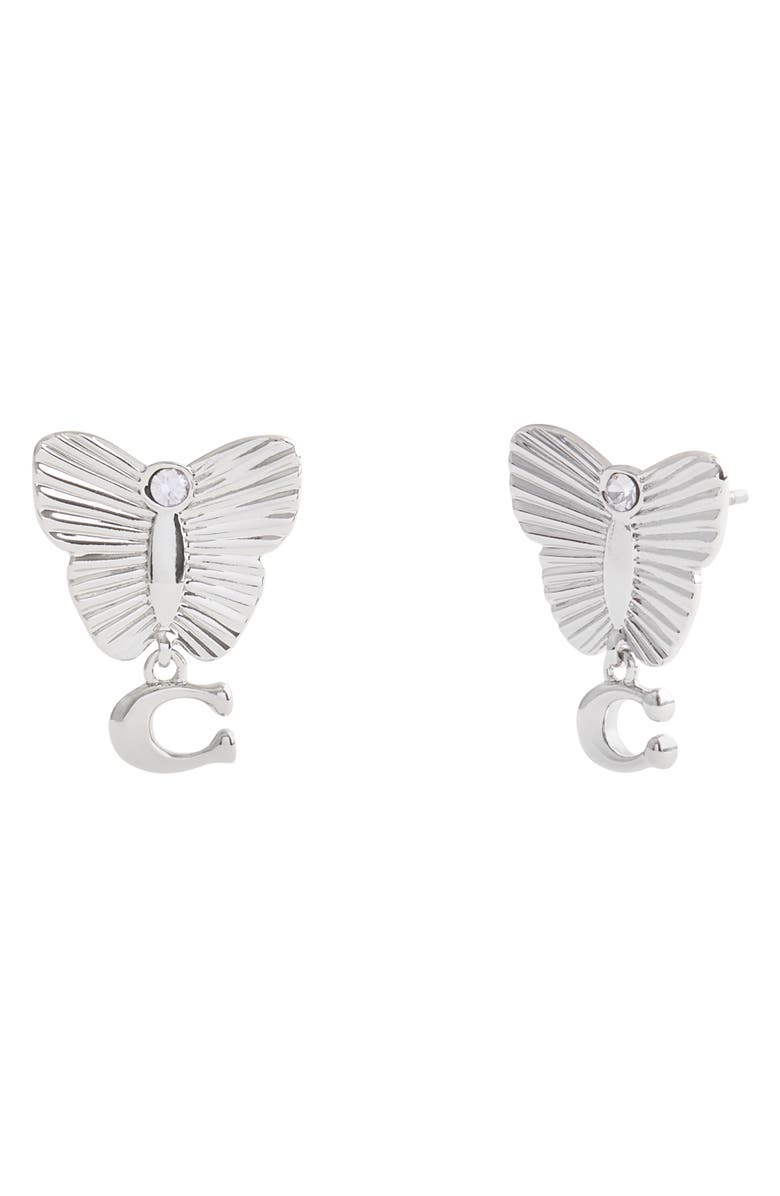 COACH Heritage Butterfly Drop Earrings, Main, color, Rhodium