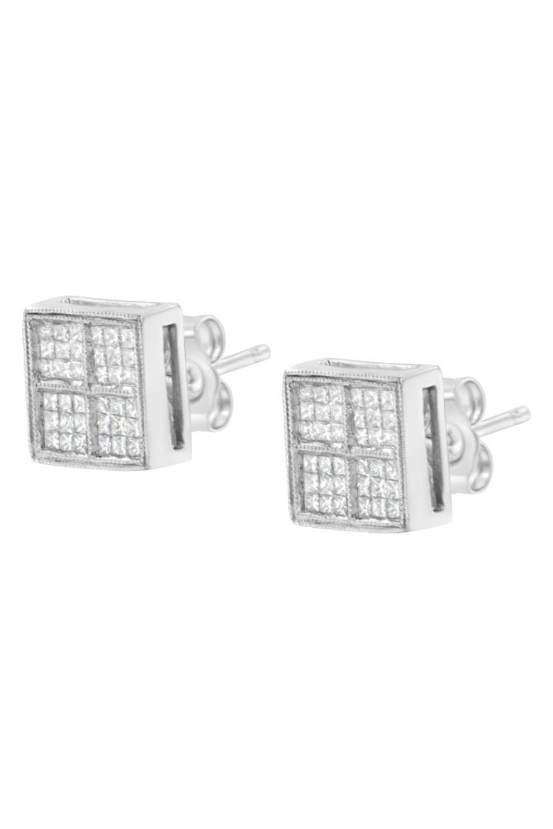 14K White Gold 1/2 Cttw Princess Diamond Composite Box Milgrain Stud Earrings, Alternate, color, White