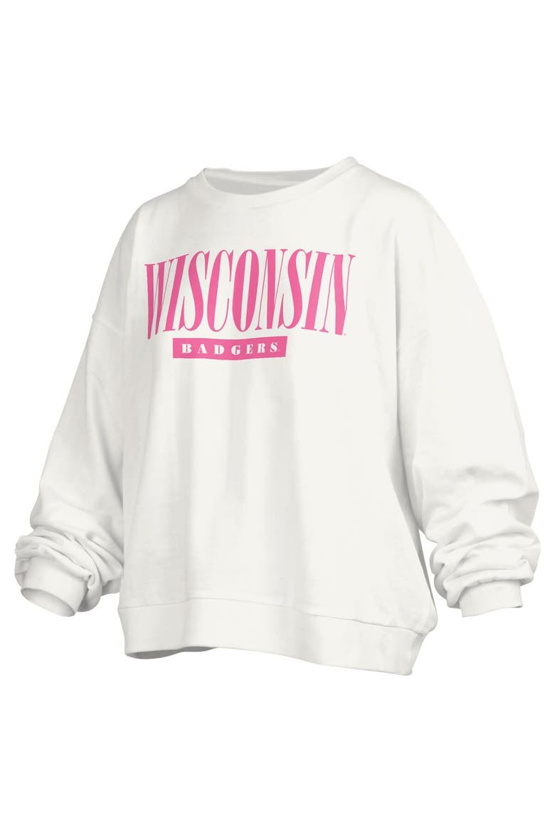 Women's Pressbox White Wisconsin Badgers Sutton Janise Waist Length Oversized Pullover Sweatshirt, Main, color, White