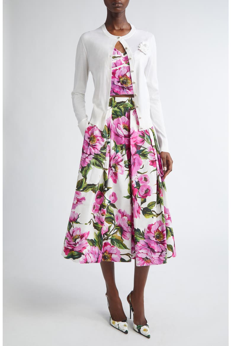 Floral Appliqué Silk Crewneck Cardigan, Alternate, color, BIANCO OTTICO